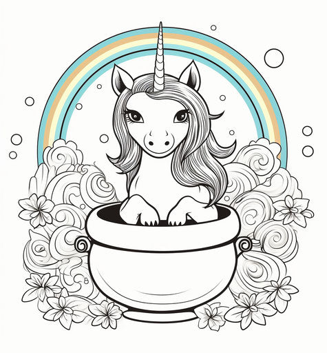 Coloring page of a unicorn sitting in a pot of gold with rainbow and leprechaun