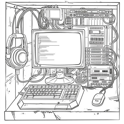 Detailed illustration of a computer with coding program running. Coloring book page