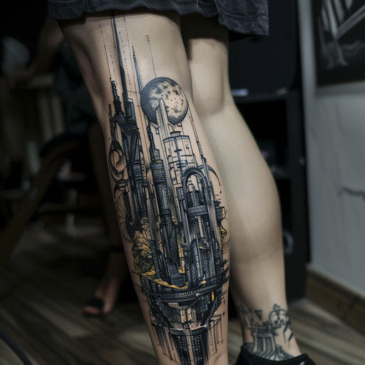 Leg tattoos for women in the style of J.P. Targete with a futuristic cityscape