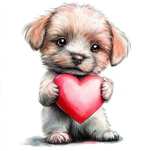 Adorable puppy with heart in airbrush art, red and pink