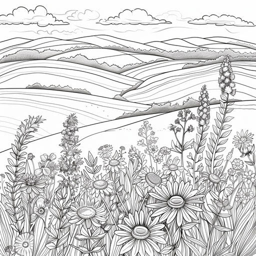 Scenic landscape of rolling hills and blooming wildflowers