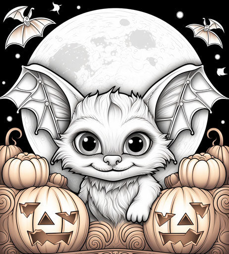 Bat and pumpkin and moon Halloween coloring page