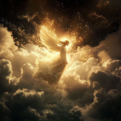 Angel descending through clouds in a dark winter sky
