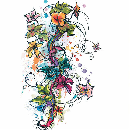 Vibrant vine tattoo with flowers and leaves in bold cartoon style