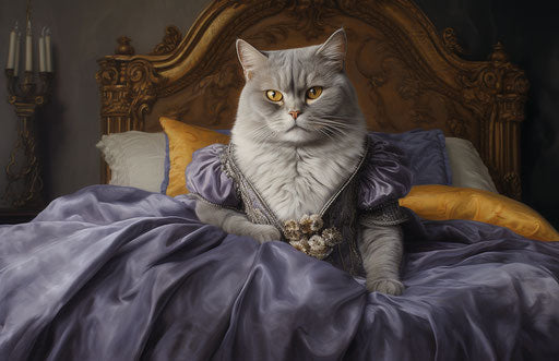 Grey cat and white pillow on a white bed, dark yellow and dark purple style