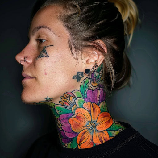 Neck tattoos for women with vibrant colors