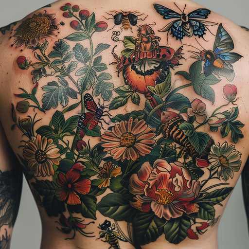 Exotic floral tattoos for men in the style of Merian