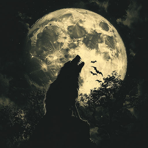 Werewolf silhouette against full moon, flying bats