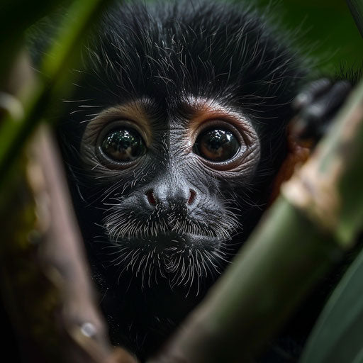 A spider monkey captured in its natural habitat, showcasing its curiosity, in the style of Marsel van Oosten