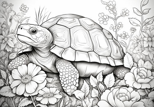 A coloring page with a turtle in flower land