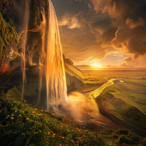 Seljalandsfoss Waterfalls, Iceland, at sunrise with golden light