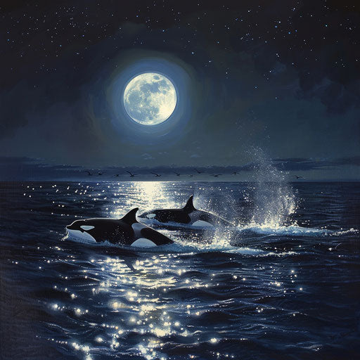 Moonlit glow: killer whales racing underwater