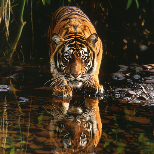 Majestic Sumatran tiger crossing a shallow stream