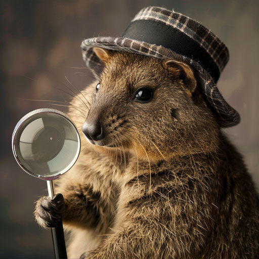 A quokka investigating with a magnifying glass and detective hat
