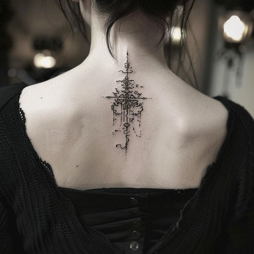 Elvish runes tattoo on neck back, Peter Jackson style