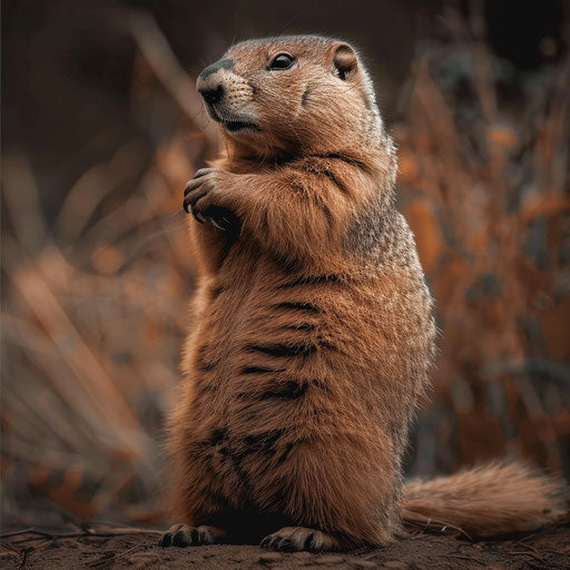 A playful groundhog with its tail wrapped around itself