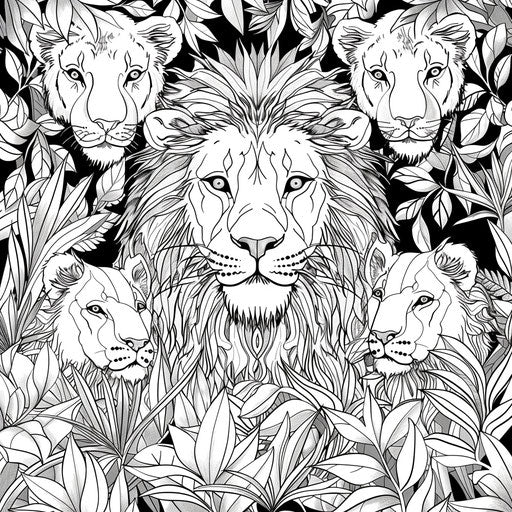 Daniel in a lush, vibrant den with lions, Mindy Sommers style, coloring page
