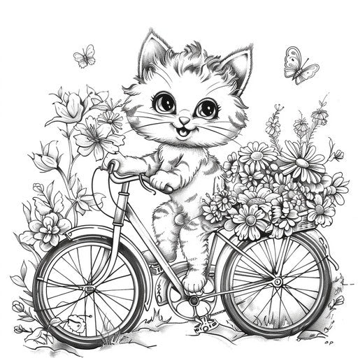 Cartoon cat riding bicycle with basket of flowers