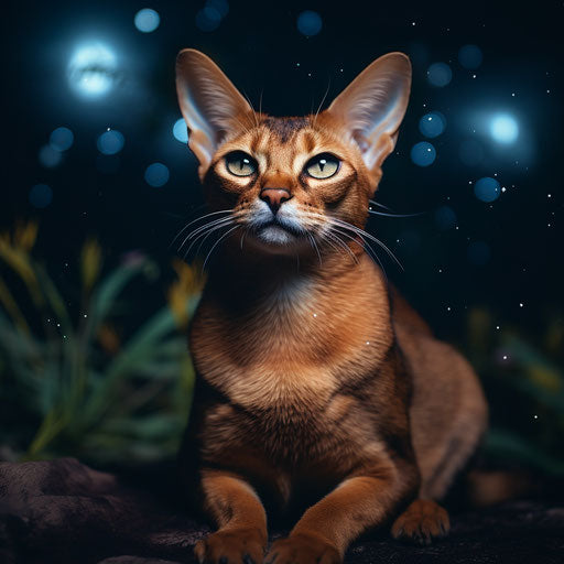 Abyssinian cat lying outside at night