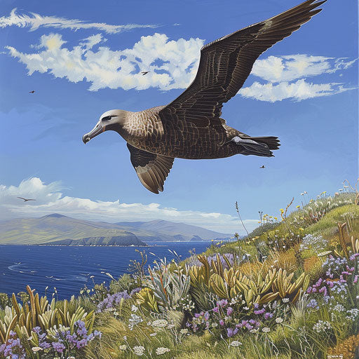 Black-footed albatross gliding gracefully over a wild island dotted with flora under a clear blue sky