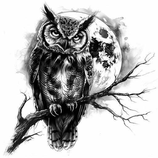 Creepy owl on branch with full moon - Halloween tattoo