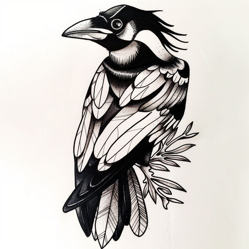 Classic flat tattoo sketch of a magpie with detailed feathers and bright eyes