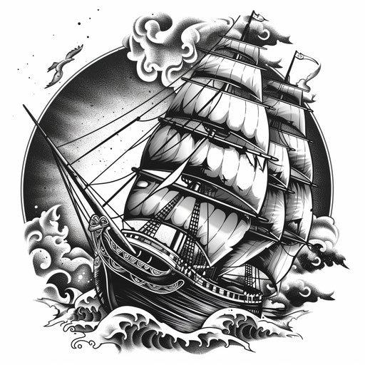 Vintage clipart of sailing ship tattoo with stormy sea