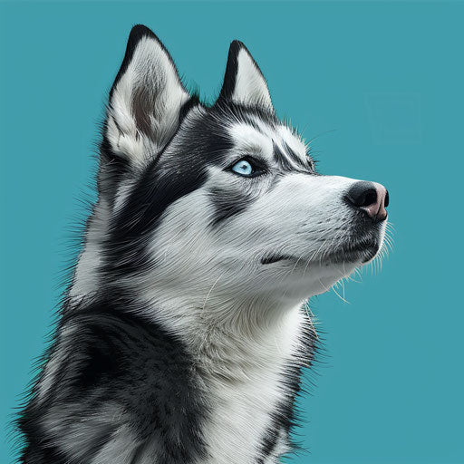 Realistic husky artwork with teal flat background