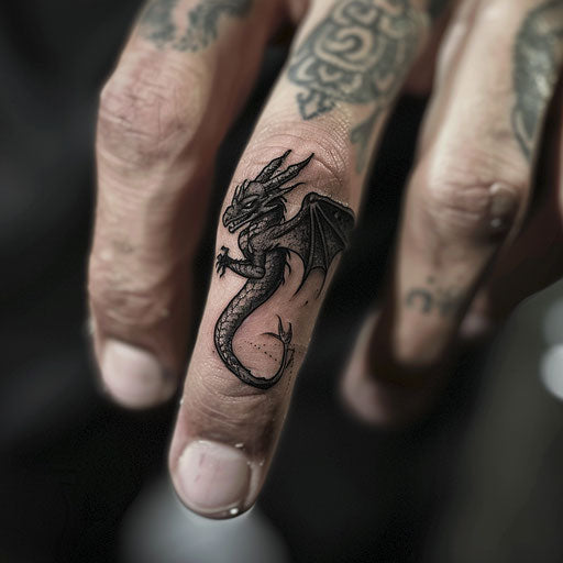 Finger tattoo with a miniature fantasy dragon, Peter Jackson style