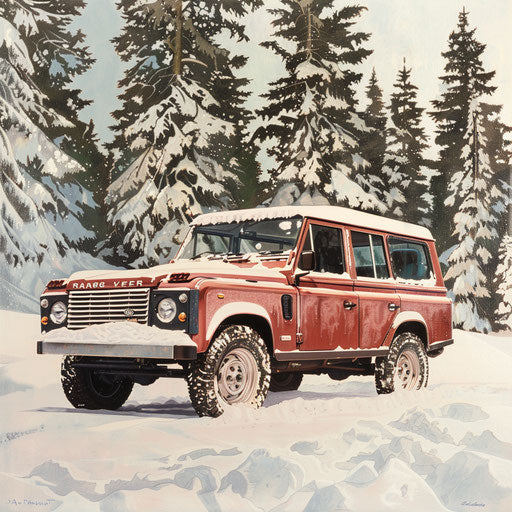 Winter Range Rover with snow chains and snowy pines