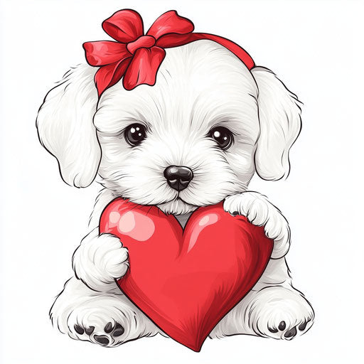 Cute puppy with red ribbon holding a big heart