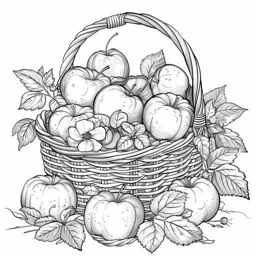 A basket of apples with leaves and flowers. Coloring book page