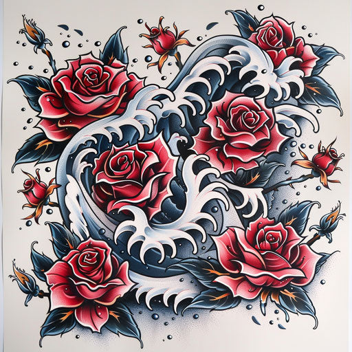 Traditional tattoo with Cancer zodiac sign, roses, and waves on white background