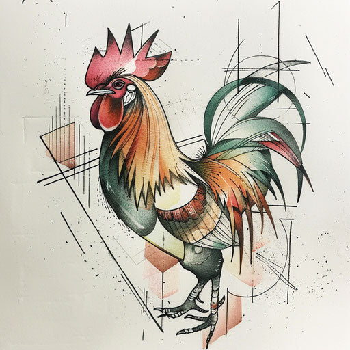 Abstract rooster tattoo design with geometric shapes, pastel colors