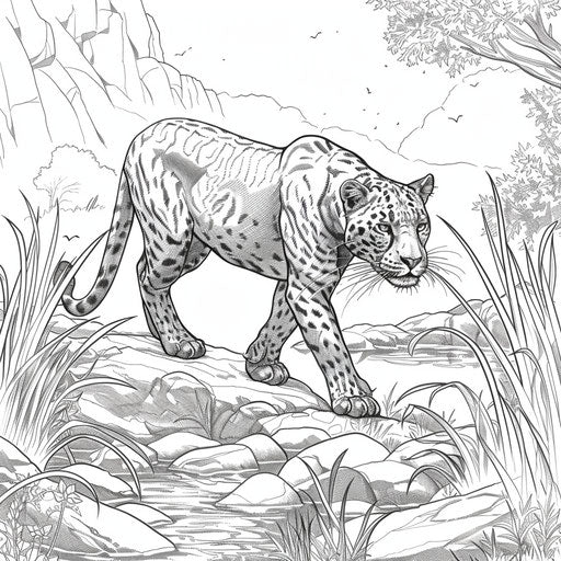 Black panther walking gracefully along a riverbank