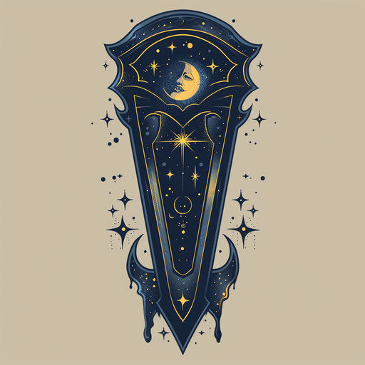 Mystical flat sketch of a coffin with celestial symbols