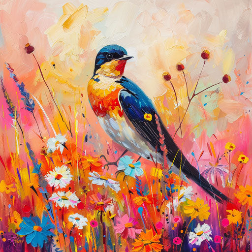 Barn swallow in vibrant field of flowers
