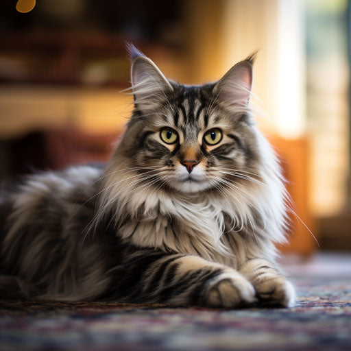 Norwegian forest cat lying on a carpet