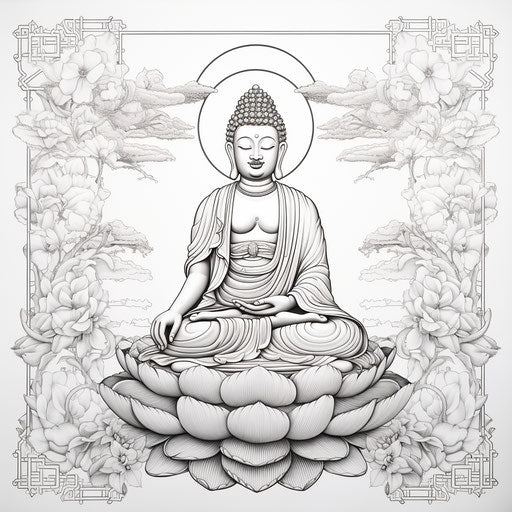 Coloring picture with Buddha, Ming Dynasty style, ornate details