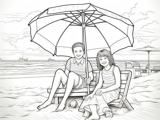 Beach umbrella coloring pages: 70mm style, playful scenes 4:3