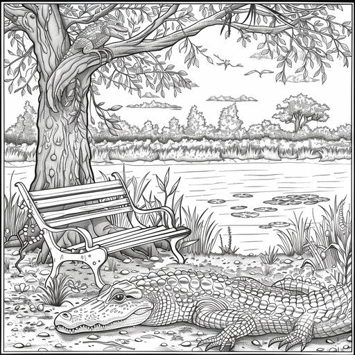 Alligator resting under tree by water