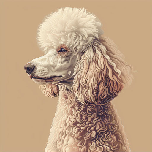 Poodle clipart in photo realistic style with a flat random background, vintage filter and delicate lines