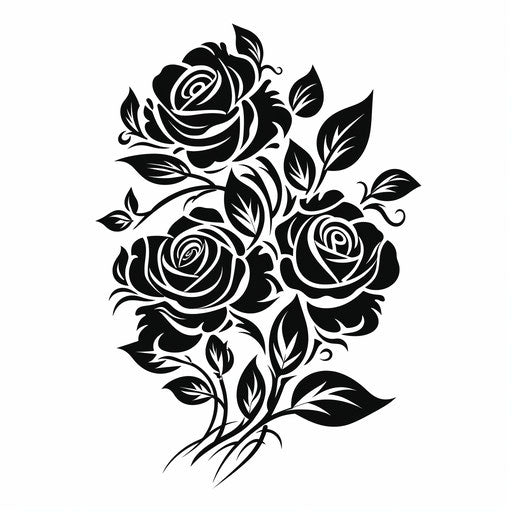 Black roses and leaves on white background, stencil art