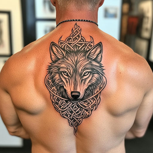 Tribal wolf tattoo in the style of Glenn Fabry with wolf and intricate Celtic designs