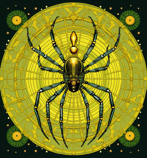 Spider on yellow web, emerald and navy style, psychedelic