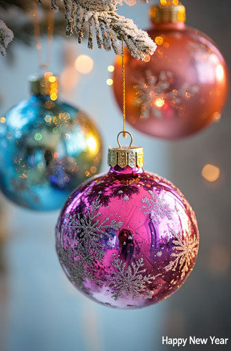 Colorful glass Christmas ornaments hanging on snowy tree