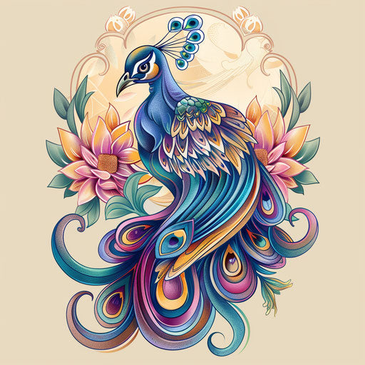 Elegant flat tattoo sketch for a Sak Yant tattoo with a peacock in a clipart style, using pastel shades