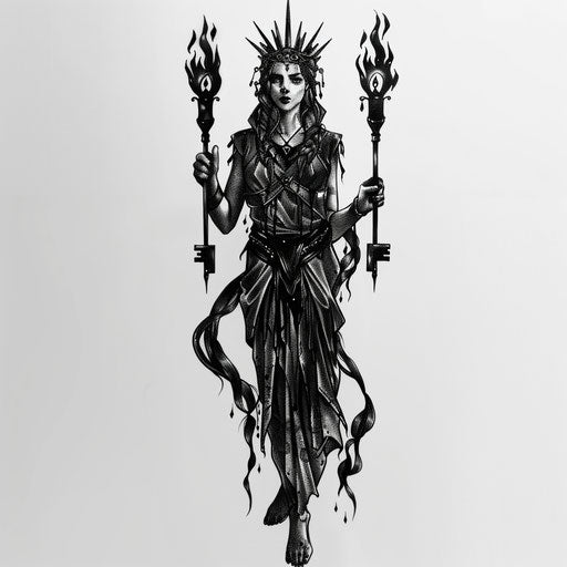 Gothic illustration of Hecate with torches and keys