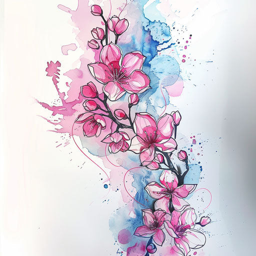 Artistic flat tattoo sketch of sakura flowers merging into a watercolor splash