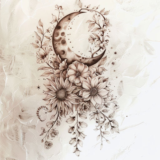 Enchanting tattoo sketch of a sun and moon with floral motifs, soft watercolor effect